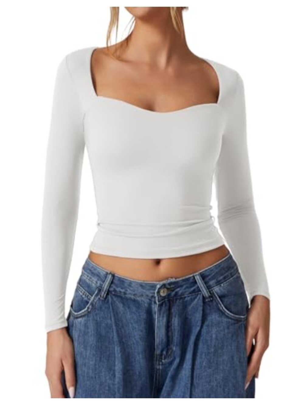 Long Sleeve Sweetheart Neck Crop Top Slimming Fit Trendy